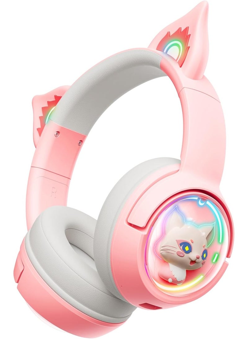 onikuma B5 Cute Cat Bluetooth Headphones, Wireless & Wired Mode Headset with Mic, RGB LED Light, for Girls Women School Gaming, Compatible with Mobile Phones Tablet  Pink - Image 1
