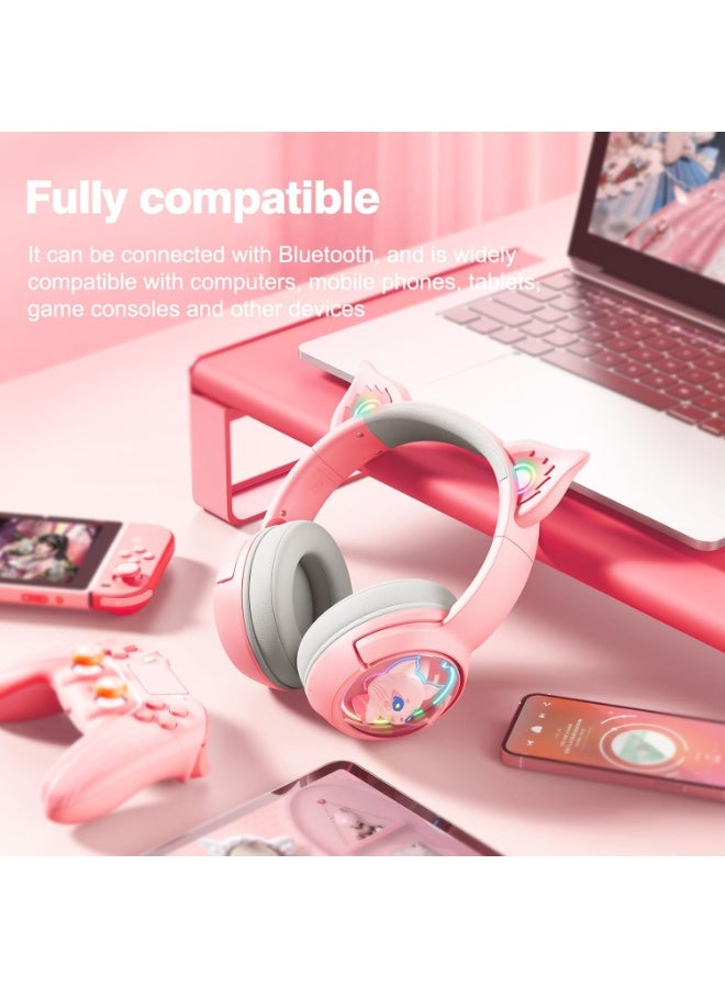 onikuma B5 Cute Cat Bluetooth Headphones, Wireless & Wired Mode Headset with Mic, RGB LED Light, for Girls Women School Gaming, Compatible with Mobile Phones Tablet  Pink - Image 3