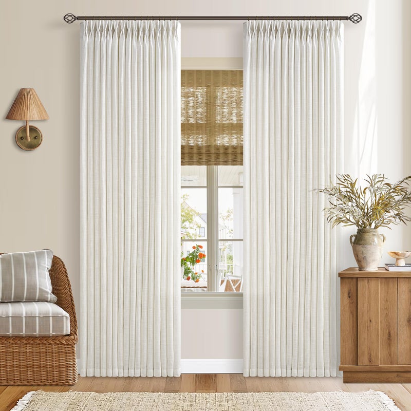 TWODRAPES Pinch Pleated 90 Inch Linen Curtains 2 Panels Set for Living Room Pinch Pleat Drapes Track System Memory Trained Light Filtering Semi Sheer Curtain 90 Inches Long for Dining Bedroom Office W50xL90 - Image 1