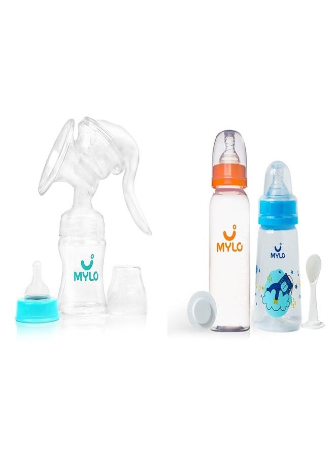 Mylo Manual Breast Pump For Feeding Mothers with Suction Valve (150ml)| Anti Colic & BPA Free Breast Pump| Compact, Lightweight & Easy to Clean - Mylo Baby 2 in 1 Feeding
