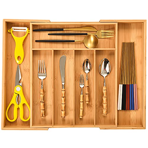 MASS DYNAMIC Cutlery Drawer Organizer Expandable Bamboo Utensil Tray Adjustable Silverware and Flatware Holder Compact Storage for Spoons Forks Knives  Ideal for Kitchen and Office Supplies