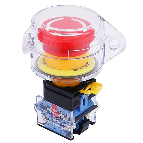 TWTADE / 22mm 1 NC 1 NO Red Mushroom Latching Action Emergency Stop with Cover Push Button Switch 10A 440V Add Protection Cover LA38A-11ZS-Z - Image 1