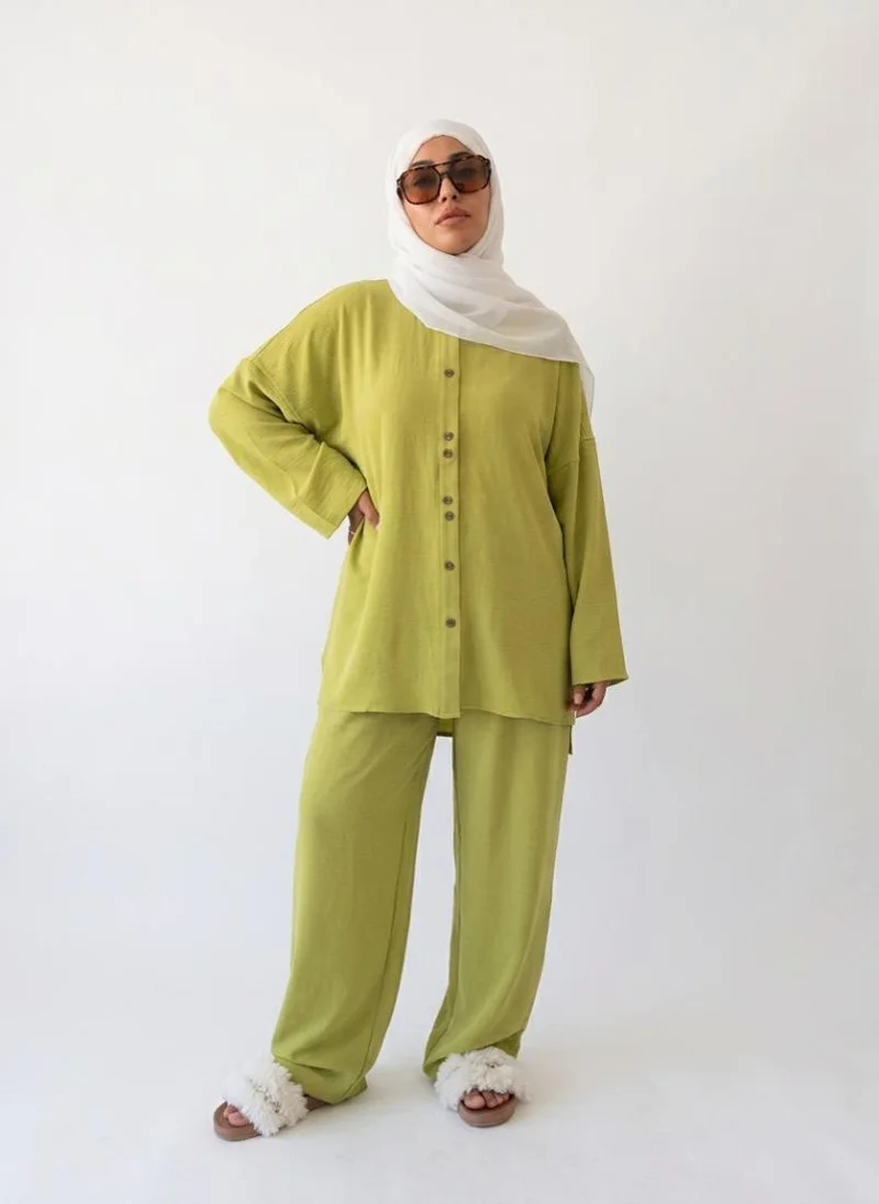 Green Scada Crepe Shirt & Wide-Leg Pants Set