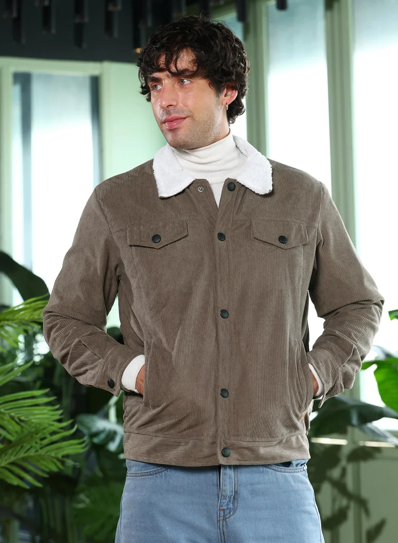 Campus Sutra Men Utility-Corduroy Jacket | Sherpa Point Collar, Long Button-Cuff Sleeves | Button , Band-Straight Hem | Colourblock Textured | Woven Fabric For Casual & Daily Wear | Coffee Brown