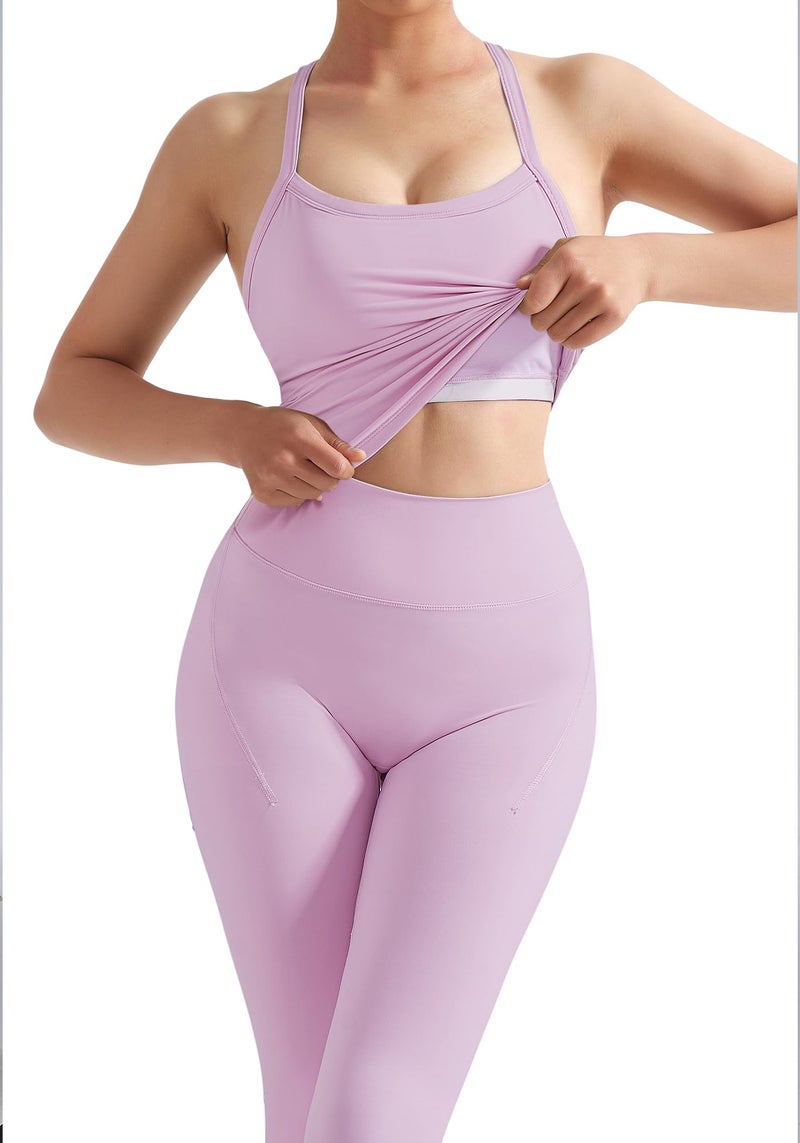 SUUKSESS Women 2 Piece Workout Sets Compression Tummy Control Leggings with Pockets Halter Built in Bra Tank Tops Sports Bra Scrunch Booty Lting Yoga Pants (Light Pink, S) - Image 3