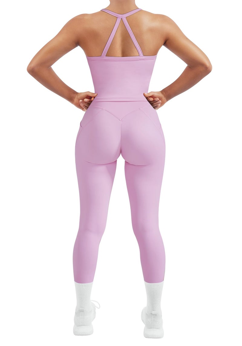 SUUKSESS Women 2 Piece Workout Sets Compression Tummy Control Leggings with Pockets Halter Built in Bra Tank Tops Sports Bra Scrunch Booty Lting Yoga Pants (Light Pink, S) - Image 1