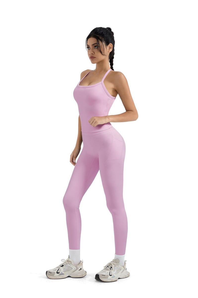 SUUKSESS Women 2 Piece Workout Sets Compression Tummy Control Leggings with Pockets Halter Built in Bra Tank Tops Sports Bra Scrunch Booty Lting Yoga Pants (Light Pink, S) - Image 5