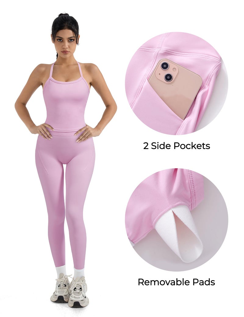 SUUKSESS Women 2 Piece Workout Sets Compression Tummy Control Leggings with Pockets Halter Built in Bra Tank Tops Sports Bra Scrunch Booty Lting Yoga Pants (Light Pink, S) - Image 2