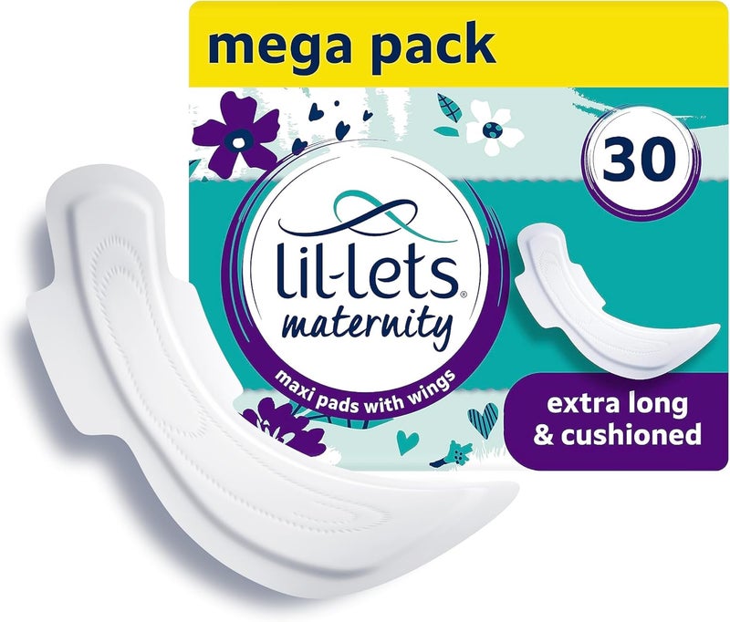 LilLets Extra Long Postpartum Maxi Pads with Wings – 30 Pack Bundle for Post-Natal Bleeding & Heavy Flow – Postpartum Essentials - Extra Absorbent, Soft & Cushioned Maternity Towels, Fragrance-Free - Image 1