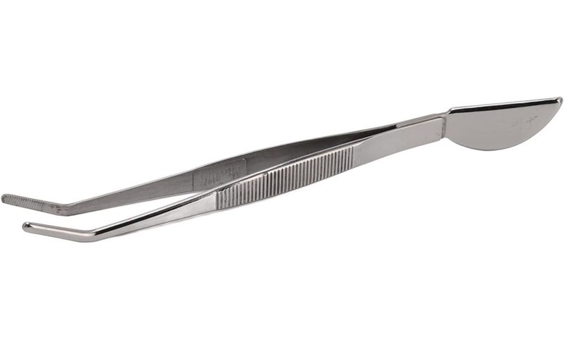 Bent Stainless Steel Bonsai Tweezers With Crescent Spatula For Soil And Weeds - Image 1