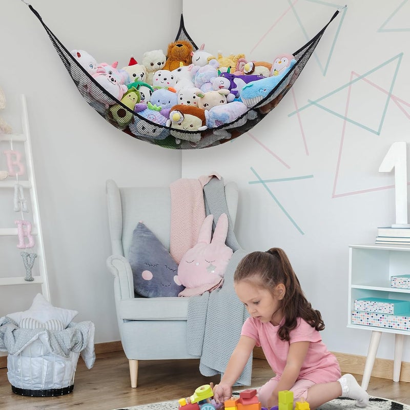 FIOBEE Stuffed Animals Net or Hammock Toy Storage Organizer Toy Hammock Net Bedroom Decor Hanging Storage with Hooks for Girl Kids Playroom Nursery Black - Image 3