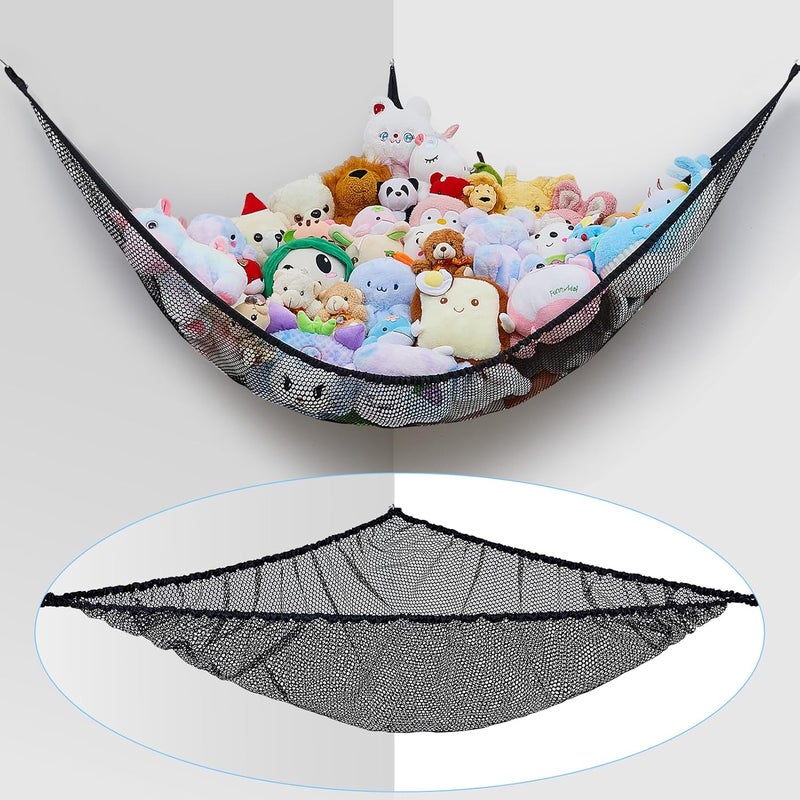 FIOBEE Stuffed Animals Net or Hammock Toy Storage Organizer Toy Hammock Net Bedroom Decor Hanging Storage with Hooks for Girl Kids Playroom Nursery Black - Image 1