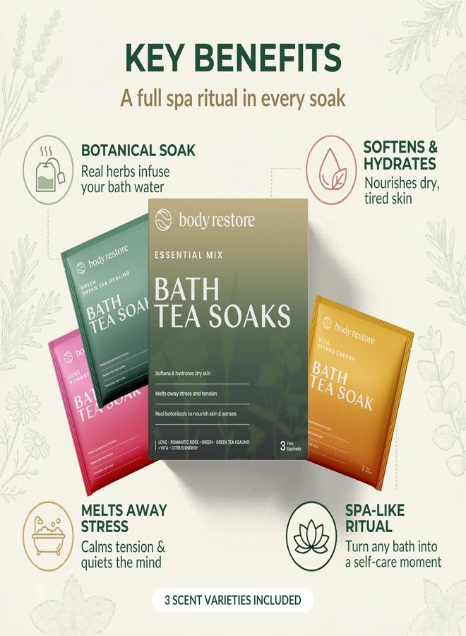 Body Restore Bath Tea Soaks Gift Set - Spa Gifts for Women, Mom, Wife & Self Care Lovers - Relaxing Botanical Bath Sachets for Stress Relief & Hydrated Skin - Essential Mix (3 Pack) - Image 2