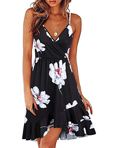 ULTRANICE Women's Summer Dresses 2025 Sundress Trendy Casual Spring Black Floral Flowy Faux Wrap V Neck Clothes Beach Wedding Vacation Outfits Midi V Neck Spaghetti Strap Dress(Black White Floral,XL) - Image 5