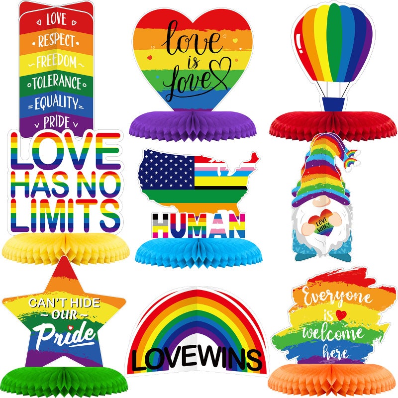 Zonon 9 Pieces Pride Month Decorations Pride Honeycomb Centerpiece Rainbow Party Decorations Love is Love Table Toppers Centerpieces Love Wins Table Centerpieces for Rainbow Theme Party Supplies - Image 3