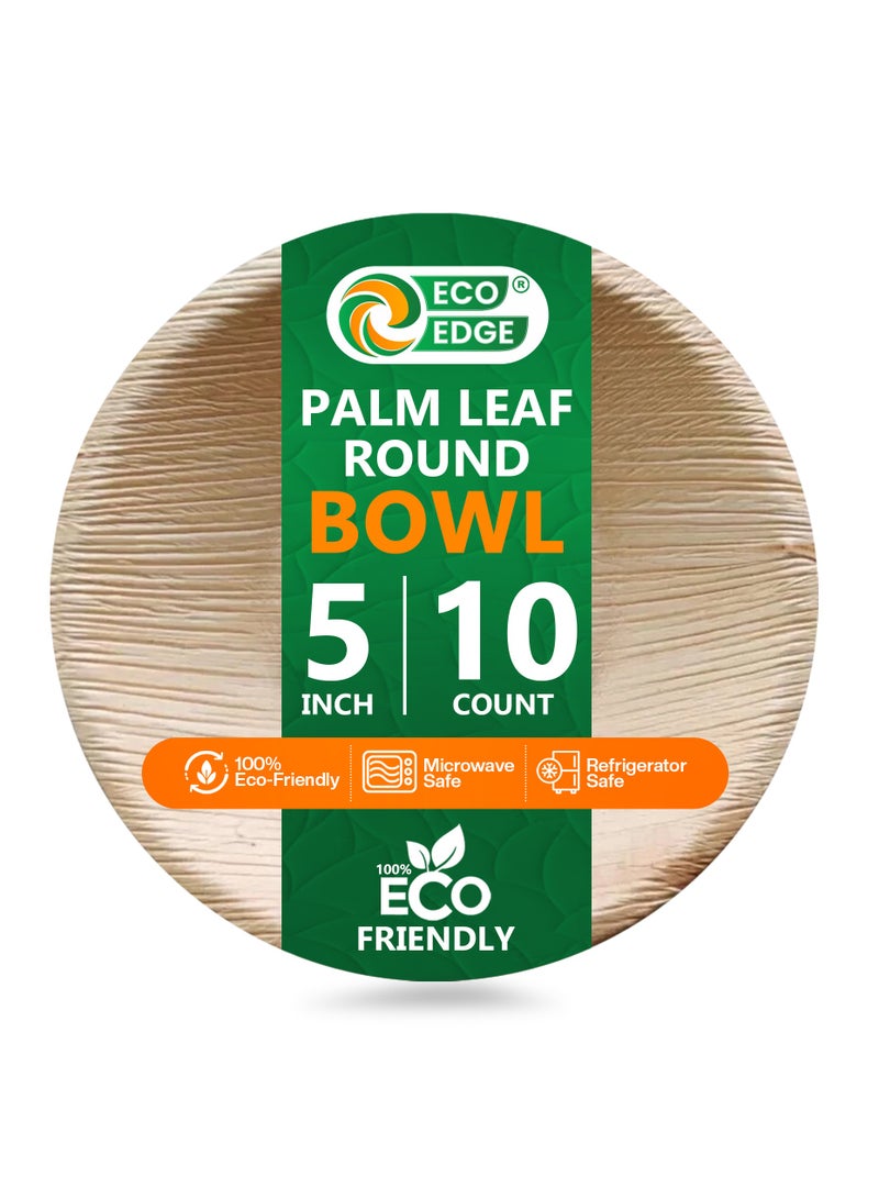 EcoEdge 5 Inch Round Areca Palm Leaf Disposable Bowl (Pack of 10) | Environmentally Sustainable, Eco Friendly, Biodegradable, Compostable | Strong, Heavy Duty, Microwave, Freezer Safe| 100% Organic - Image 1
