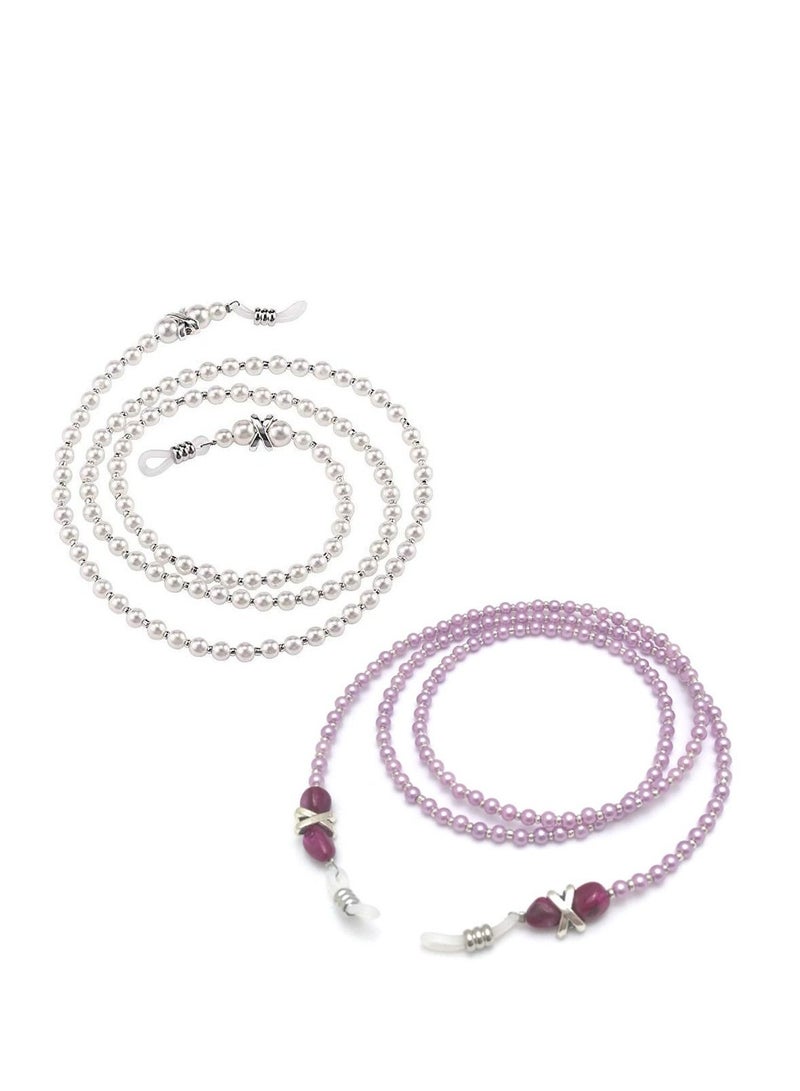 Sunglasses Chain Pearl Eyeglass Mask Holder Hook and Loop Closure Anti-Lost Elegant Reading Glasses Myopic Scope Eyewear Lanyards for Women Girls 2PCS - Image 1