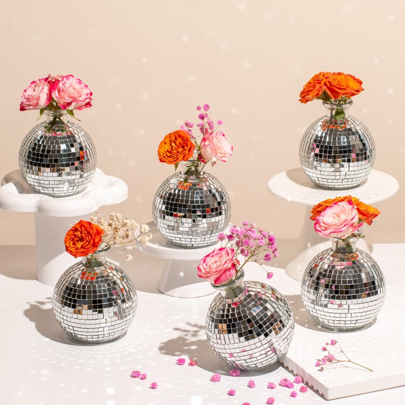 RGBDOT Disco Ball Vase for Centerpieces Disco Ball Planter for Flowers Silver Mirror Glass Disco Ball Decor for Table Party Wedding Birthday Home or Bedroom35 X 4