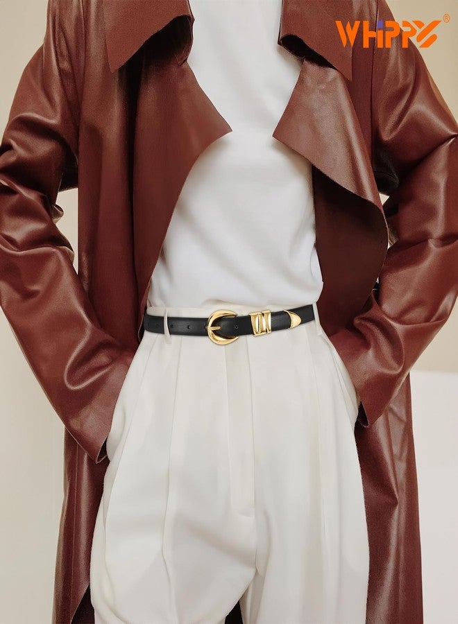WHIPPY Women Skinny Leather Belt for Jeans Pants Dresses Ladies Fashion Waist Belt with Shiny Gold Buckle,Black Gold,M - Image 2