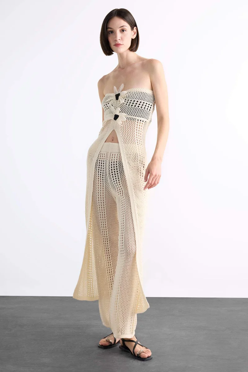 ديفاكتو Strapless Floral Detailed Crochet Long Beach Top