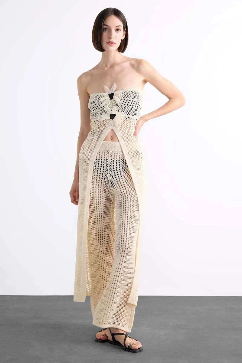 ديفاكتو Strapless Floral Detailed Crochet Long Beach Top