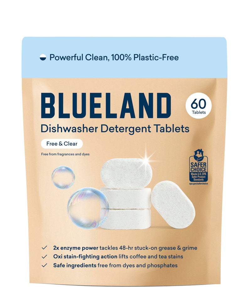 BLUELAND 100% Plastic-Free Dishwasher Detergent Tablets, 60 Count, Free & Clear, Eco-Friendly Dishwashing Pods, Natural, USDA Certified biobased - Image 1