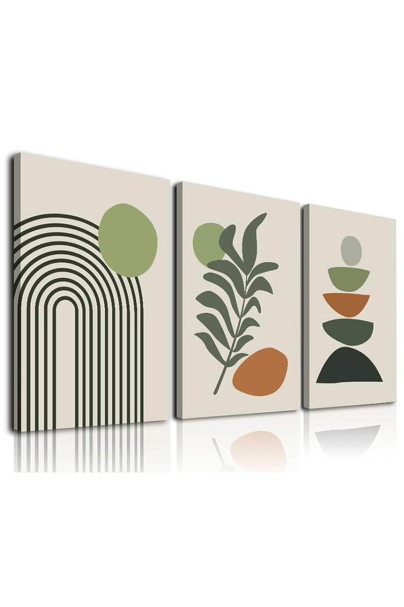 Boho Wall Art Set of 3, Mid-Century Modern Prints, Neutral Geometric Boho Wall Decor Sun Moon Palm Leaf Beige Green Canvas Artwork, Minimalist Boho Poster Paintings for Bedroom Living Room Bathroom