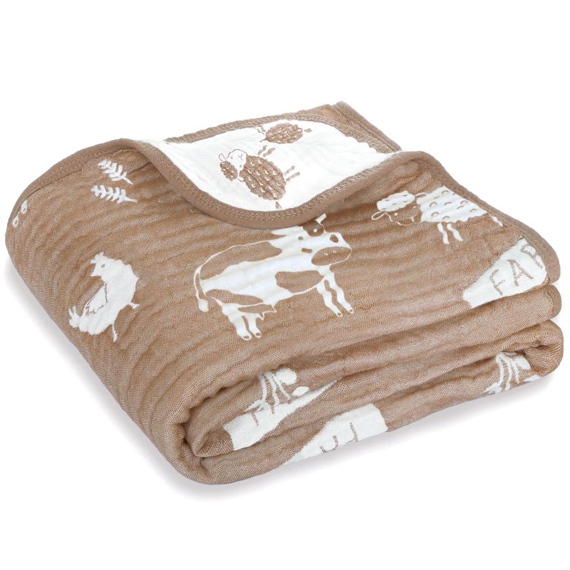 BOPRIO Ultra Soft Muslin Baby Blanket 6 Layers Neutral Swaddles Bed Blankets with Lovey Animal Design for Newborn Babies Kids Toddlers 43 x 43 Inch (Brown Woodland) - Image 1