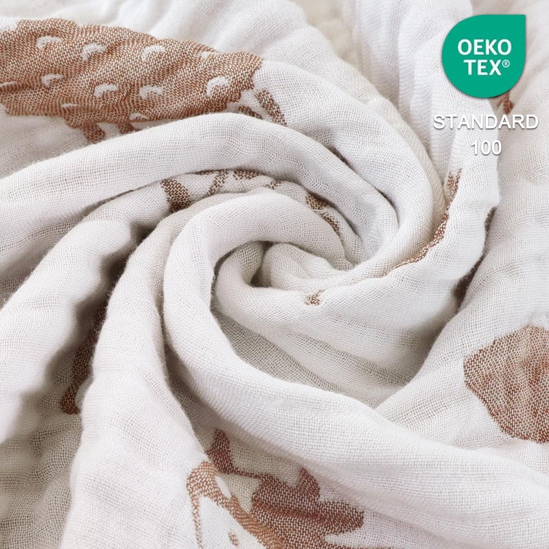 BOPRIO Ultra Soft Muslin Baby Blanket 6 Layers Neutral Swaddles Bed Blankets with Lovey Animal Design for Newborn Babies Kids Toddlers 43 x 43 Inch (Brown Woodland) - Image 2
