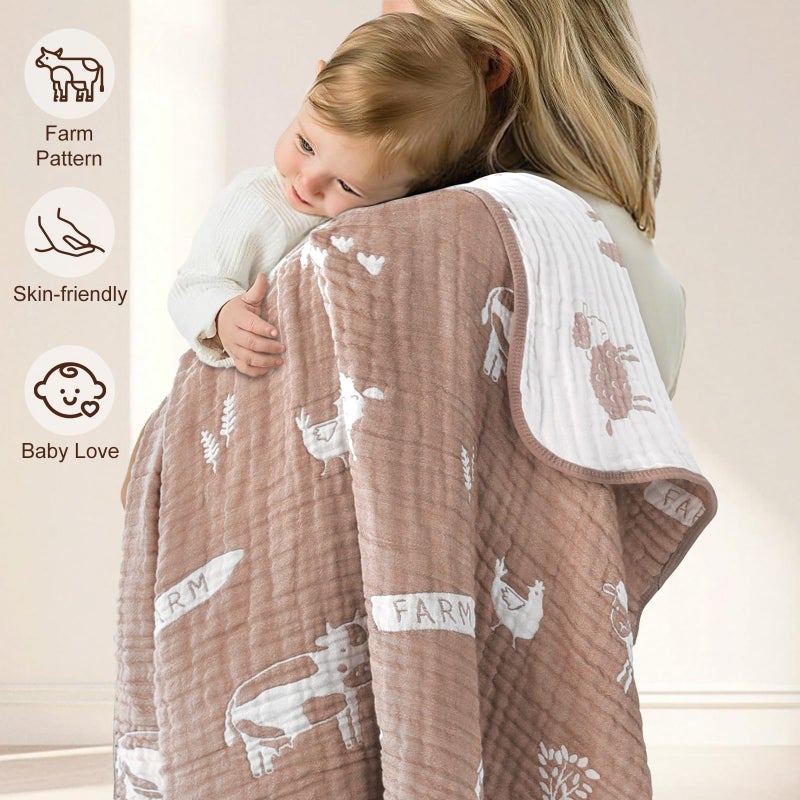 BOPRIO Ultra Soft Muslin Baby Blanket 6 Layers Neutral Swaddles Bed Blankets with Lovey Animal Design for Newborn Babies Kids Toddlers 43 x 43 Inch (Brown Woodland) - Image 5