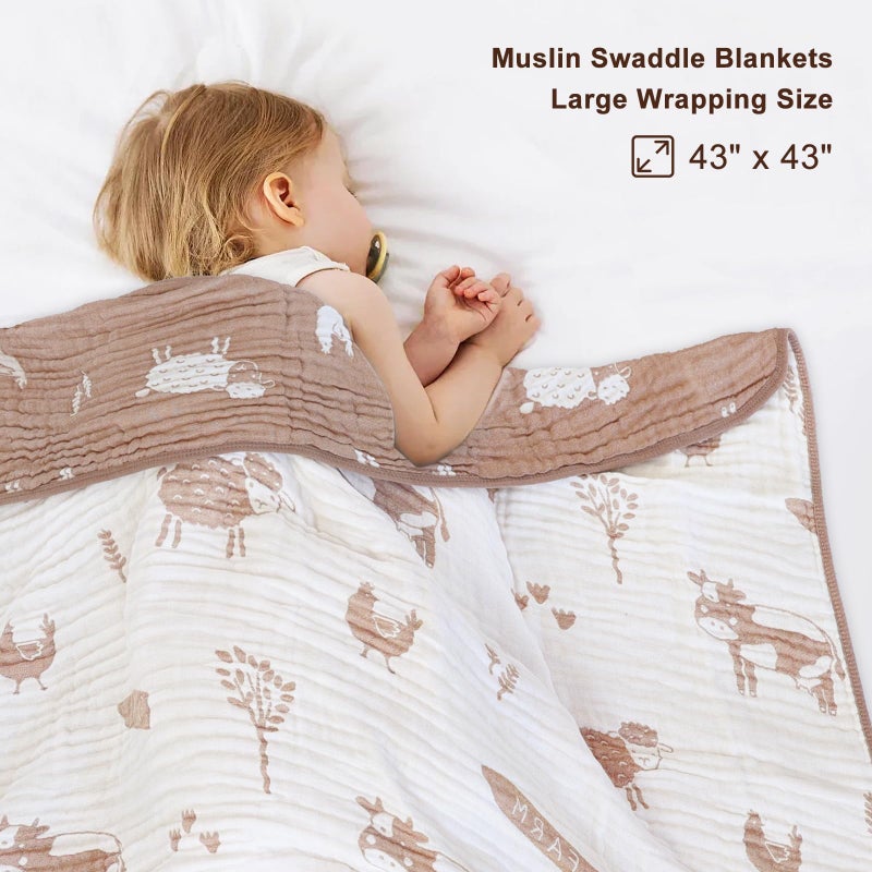 BOPRIO Ultra Soft Muslin Baby Blanket 6 Layers Neutral Swaddles Bed Blankets with Lovey Animal Design for Newborn Babies Kids Toddlers 43 x 43 Inch (Brown Woodland) - Image 4