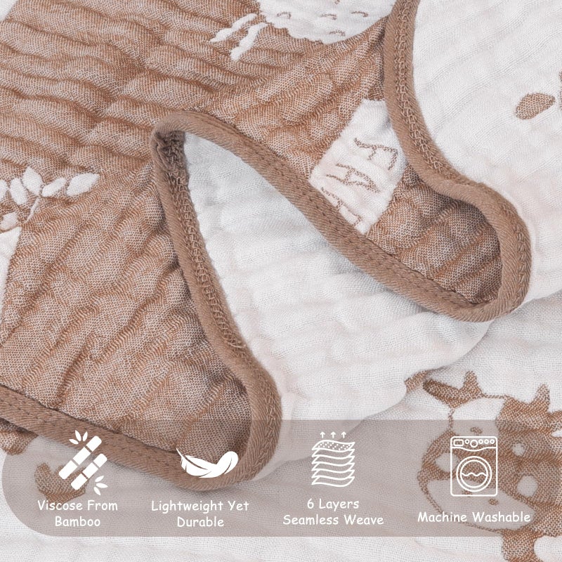 BOPRIO Ultra Soft Muslin Baby Blanket 6 Layers Neutral Swaddles Bed Blankets with Lovey Animal Design for Newborn Babies Kids Toddlers 43 x 43 Inch (Brown Woodland) - Image 3