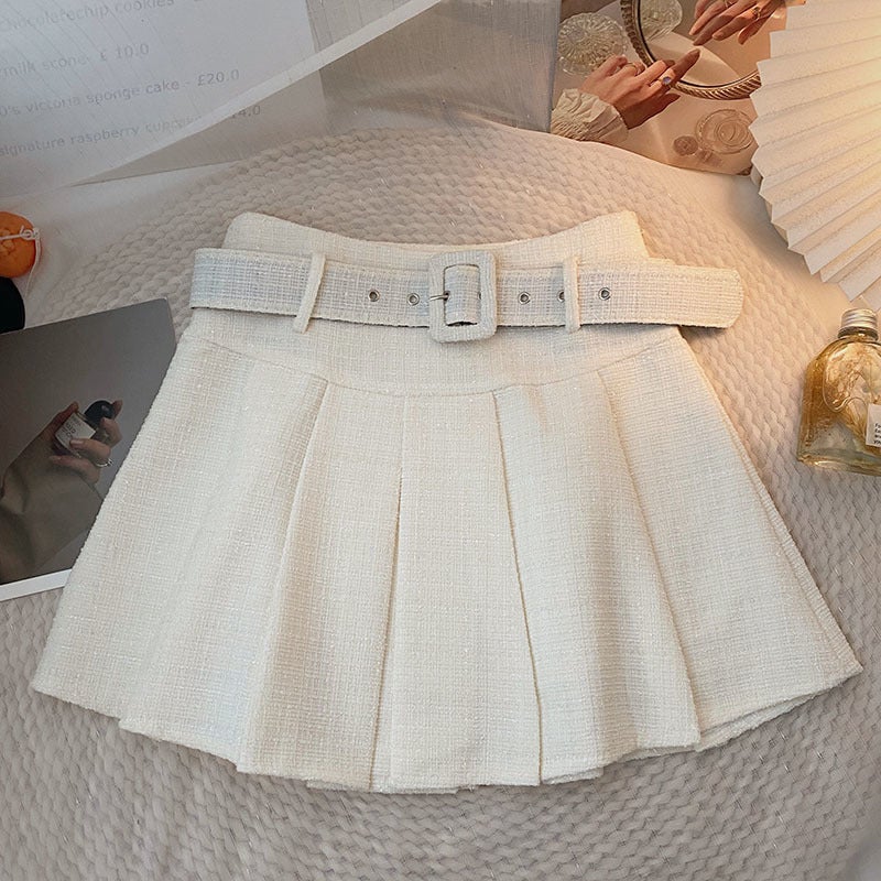 With Belt Small Fragrant Style A- shaped Pleated Skirt High Waist Slimming Skirt Autumn and Winter New Short Skirt Anti-running Skirt Women apricot with safety pants]