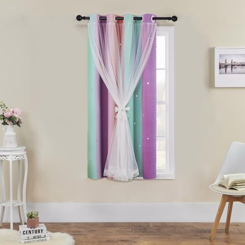 XiDi Unicorn Room Decor for Girls Bedroom, Purple Green Curtains for Kids Rooms, Window Drapes 42 Inchs Long 34 inches Wide 1 Panel - Image 1