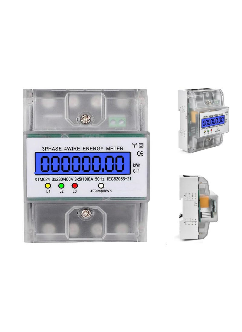 Generic - Calibrated Top-Hat Rail Electricity Meter - LCD Digital Display 3-Phase 4-Wire Three Current Meter for 230/400V Power Systems (5-100A) - Image 1