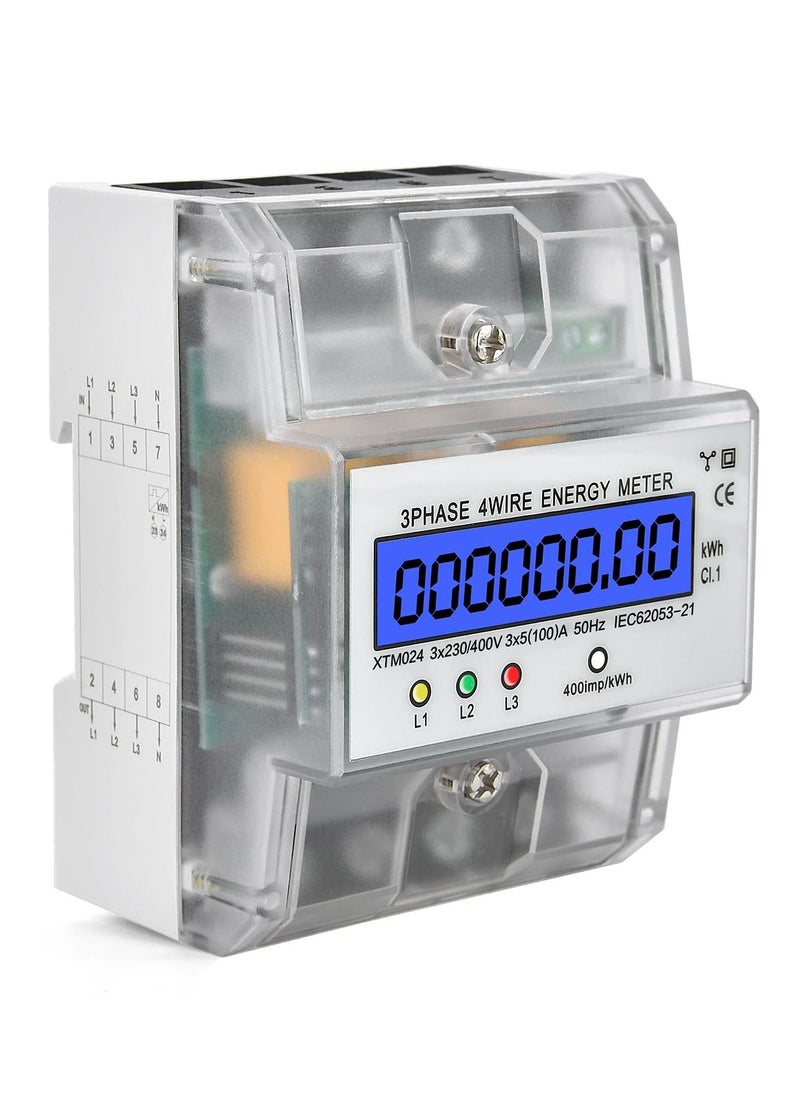 Generic - Calibrated Top-Hat Rail Electricity Meter - LCD Digital Display 3-Phase 4-Wire Three Current Meter for 230/400V Power Systems (5-100A) - Image 1