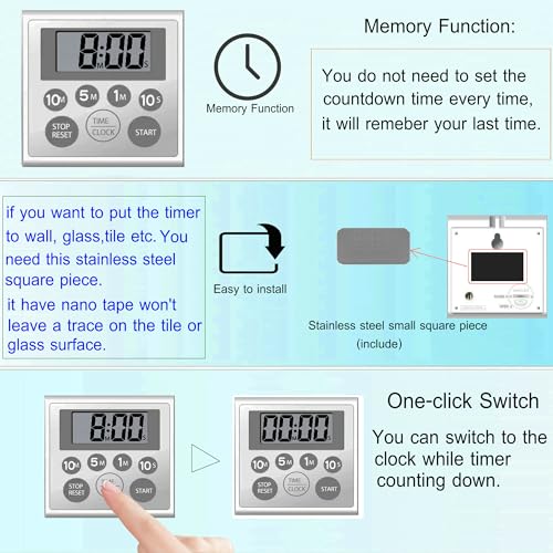 NUOSWEK Digital Timer Waterproof Shower Timer Shower Clock Bathroom Kitchen Timer with Strong Magnet and Large LCD Display (Waterproof 7 Key) - Image 3