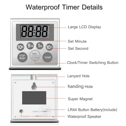 NUOSWEK Digital Timer Waterproof Shower Timer Shower Clock Bathroom Kitchen Timer with Strong Magnet and Large LCD Display (Waterproof 7 Key) - Image 5