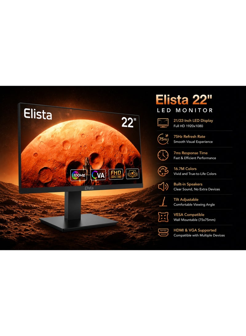 إليستا شاشة LED مقاس 22 بوصة بدقة Full HD ‏1920 (RGB) × 1080، معدل تحديث FHD ‏75 هرتز، زمن استجابة ‏7 مللي ثانية (نموذجي)، تباين ثابت، نسبة عرض إلى ارتفاع ‏16:9، تدعم عرض ‏16.7 مليون لون، مزودة بسماعات مدمجة، إمكانية تعديل الإمالة، متوافقة مع معيار VESA، مزودة بمنافذ HDMI وVGA، مع خاصية حماية العين. - Image 1