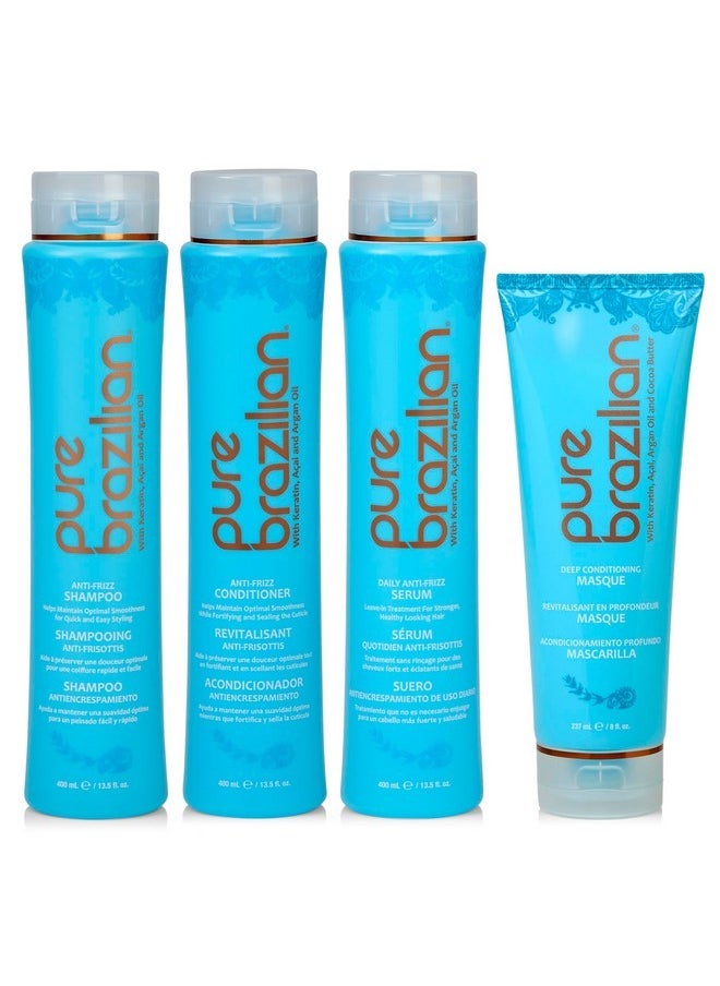 Pure Brazilian Pure Brazilian - 4 Piece Essential Home Care Kit - Anti Frizz Serum, Shampoo, Conditioner, And Deep Conditioning Masque- With Keratin, Argan Oil, And Acai  - Image 1