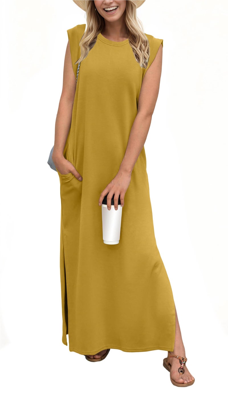GRECERELLE Womens Summer Casual Loose Beach Split Long Maxi Dress with Pockets (Medium, Ginger) - Image 1