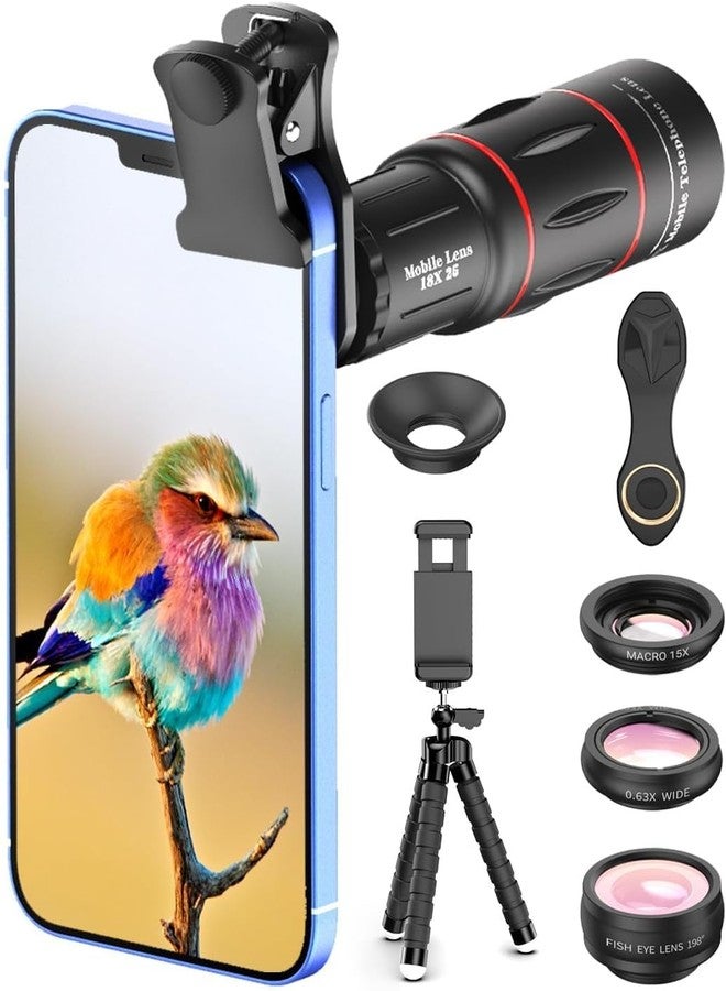 APEXEL 4 in 1 Phone Photography Kit, 18X Telephoto Lens, 198° Fisheye Lens, 15X Macro Lens, 0.63X Wide Angle Lens, Set with Flexible Phone Tripod, for iPhone 13/12/11/XS Max/XR/XS/X Samsung One Plus - Image 1