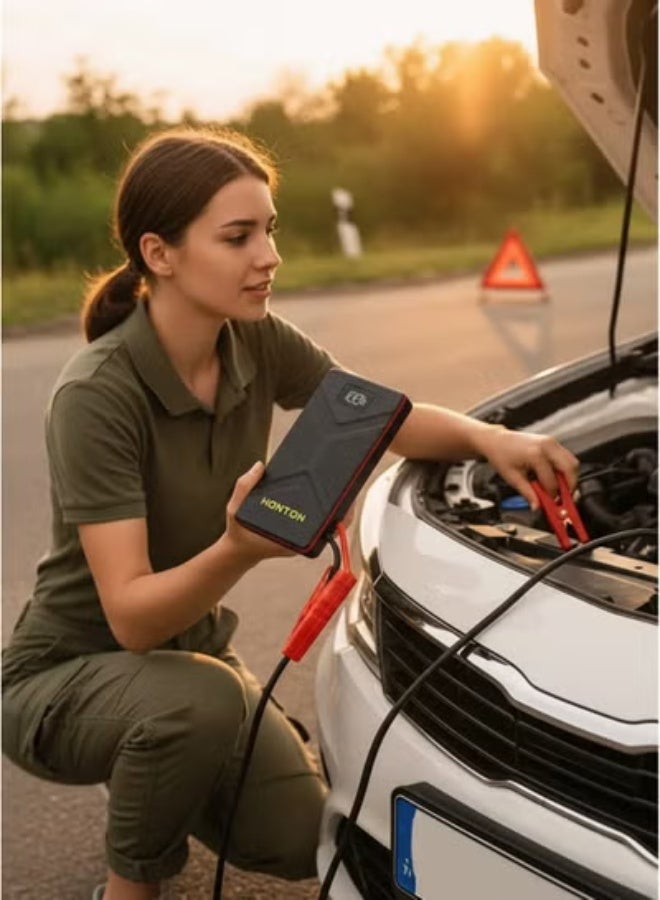 Honton Car Jump Starter 12000 Milliampere Capacity Portable Battery Powered Starter Smart Power Bank With Digital LED Screen Emergency Light And USB Ports Includes Durable Connection Cables For Cars Motorcycles And Boats - Image 1