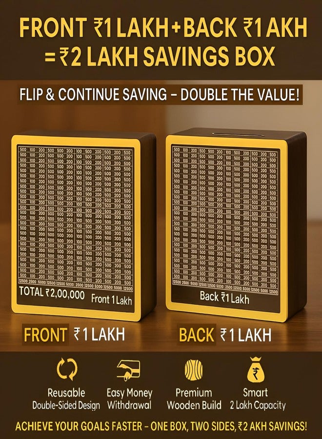 DALUCI 2 Lakh Money Saving Box for Adults & Kids | Savings Challenge Wooden Piggy Bank with Denomination Grid | Double-Sided 1 Lakh Each Money Bank, Budget Organizer & Gifts (Golden Line - 2 Lakh) - Image 2