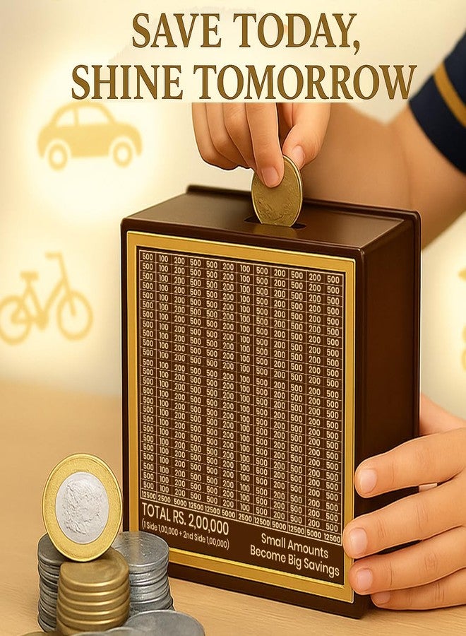 DALUCI 2 Lakh Money Saving Box for Adults & Kids | Savings Challenge Wooden Piggy Bank with Denomination Grid | Double-Sided 1 Lakh Each Money Bank, Budget Organizer & Gifts (Golden Line - 2 Lakh) - Image 5