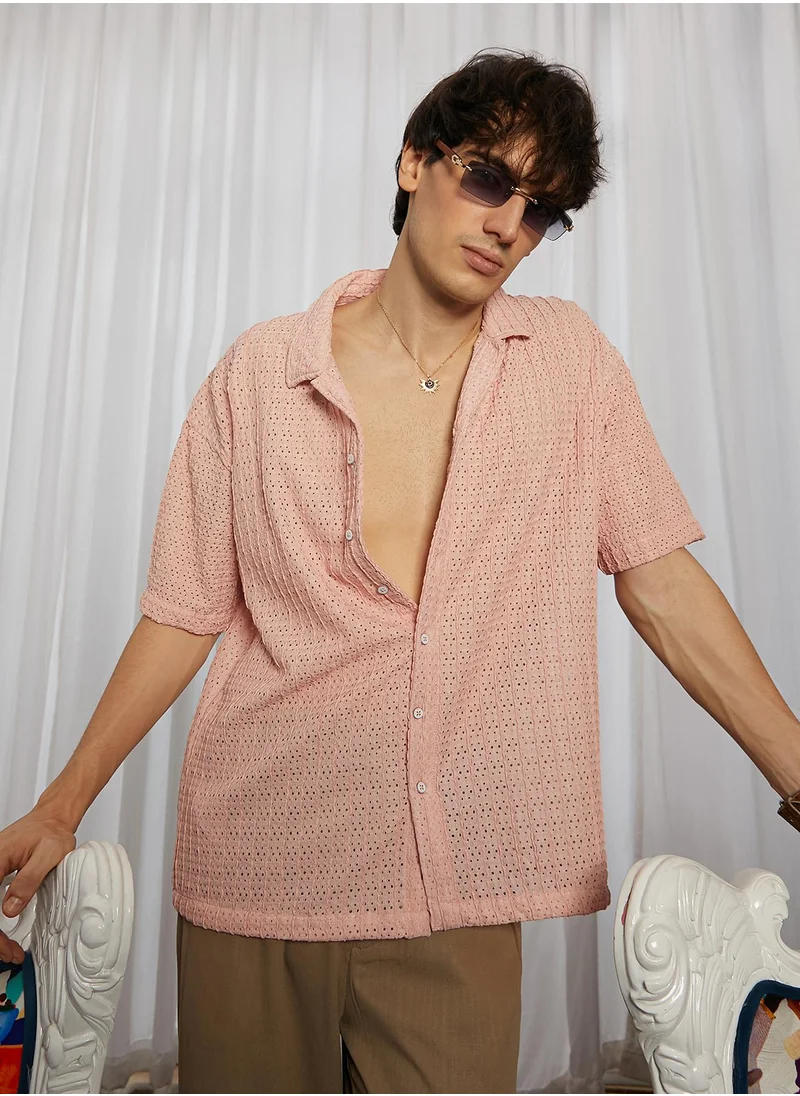 Campus Sutra Men's Blush Pink Hollow Knit Oversized Shirt