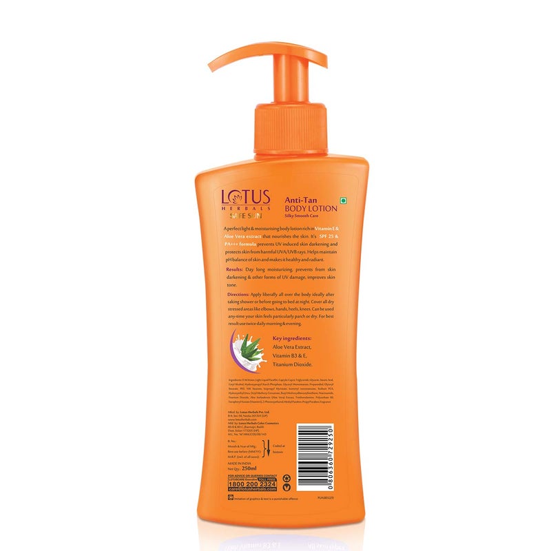 LOTUS HERBALS Lotus Herbals Safe Sun Anti Tan Body Lotion SPF 25 PA with Aloe extracts Suitable for all skin types Moisturising broad spectrum protection 250ml  - Image 2