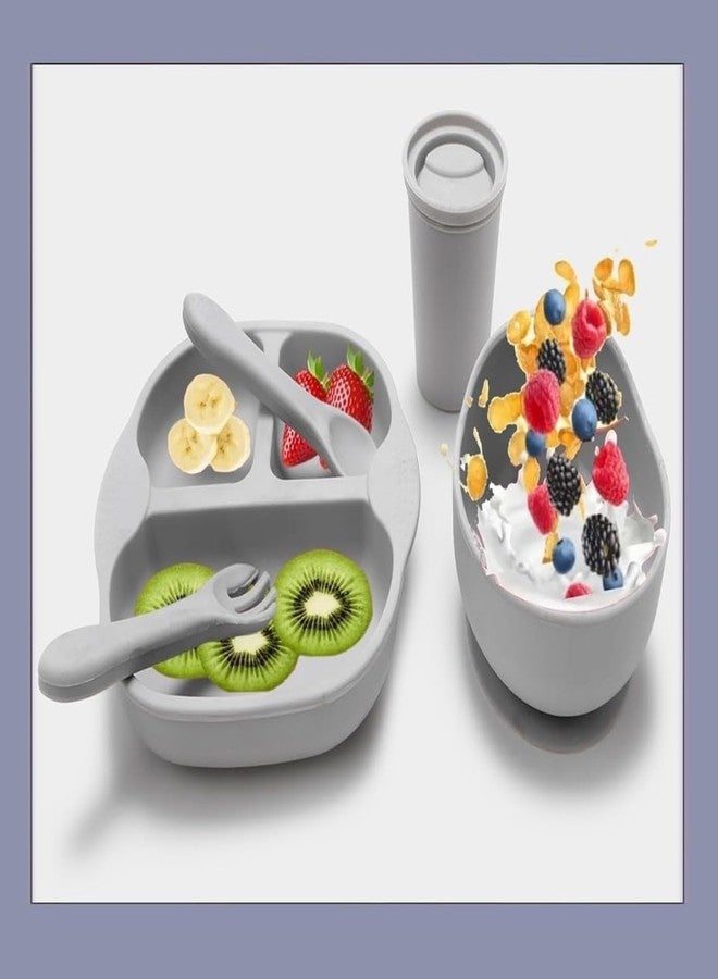 Sparkle Joy Baby Feeding Set, Silicone Tableware Kit for Baby, Bowl, Fork, Spoon, Suction Plate & Tumbler for Baby (Dusty Pink) (Grey) - Image 1