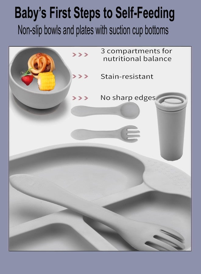 Sparkle Joy Baby Feeding Set, Silicone Tableware Kit for Baby, Bowl, Fork, Spoon, Suction Plate & Tumbler for Baby (Dusty Pink) (Grey) - Image 2