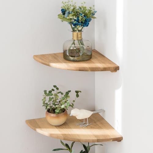 Conamily Corner Shelves, Floating Corner Shelf, Set of 2 7inch Solid Oak Wood Wall Shelves, Round End Wall Mount with Wire Hole Shelving for Small Plant for Bedroom Kitchen, Living Room - Image 1